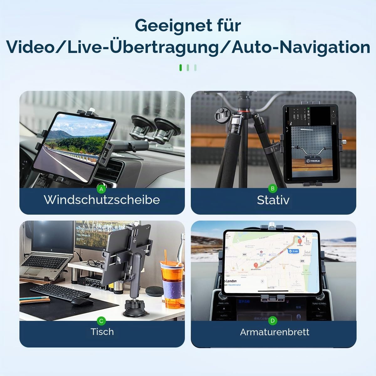 FANAUE Tablet-Halterung für das Auto mit Kugelkopf, leichtes Design, um 360 Grad drehbare iPad-Halterung - für Ihre Windschutzscheibe, Armaturenbrett oder Schreibtisch, kompatibel mit Allen