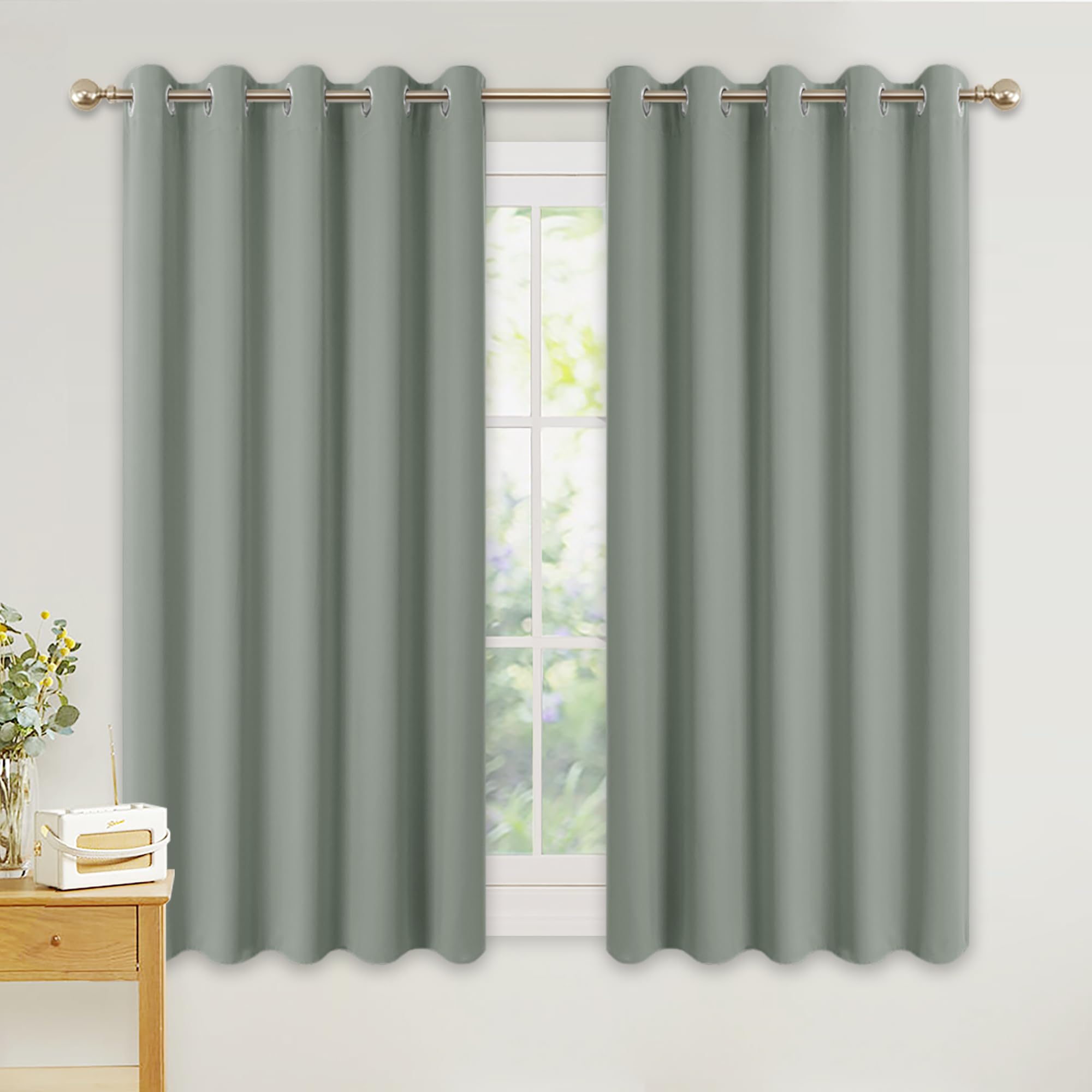 PONY DANCE Blackout Bedroom Curtains - Sage Green 54 Inch Drop Eyelet Curtains & Drapes Thermal Insulated Room Darkening Panels for Living Room, 66 x 63 Inches, 2 Panels — image 1
