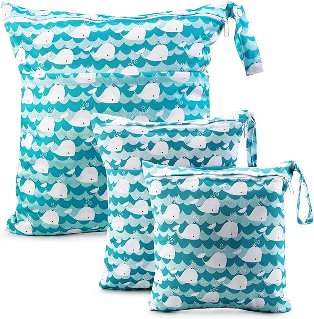 Wet Dry Cloth Diaper Bags - CeeKii 3 Pack Washable Travel Bags, Waterproof Wet Bag, Baby Reusable Beach Pool Gym Bag for Swimsuits and Wet Clothes with Zippered Pocket and Snap Handle (Blue)