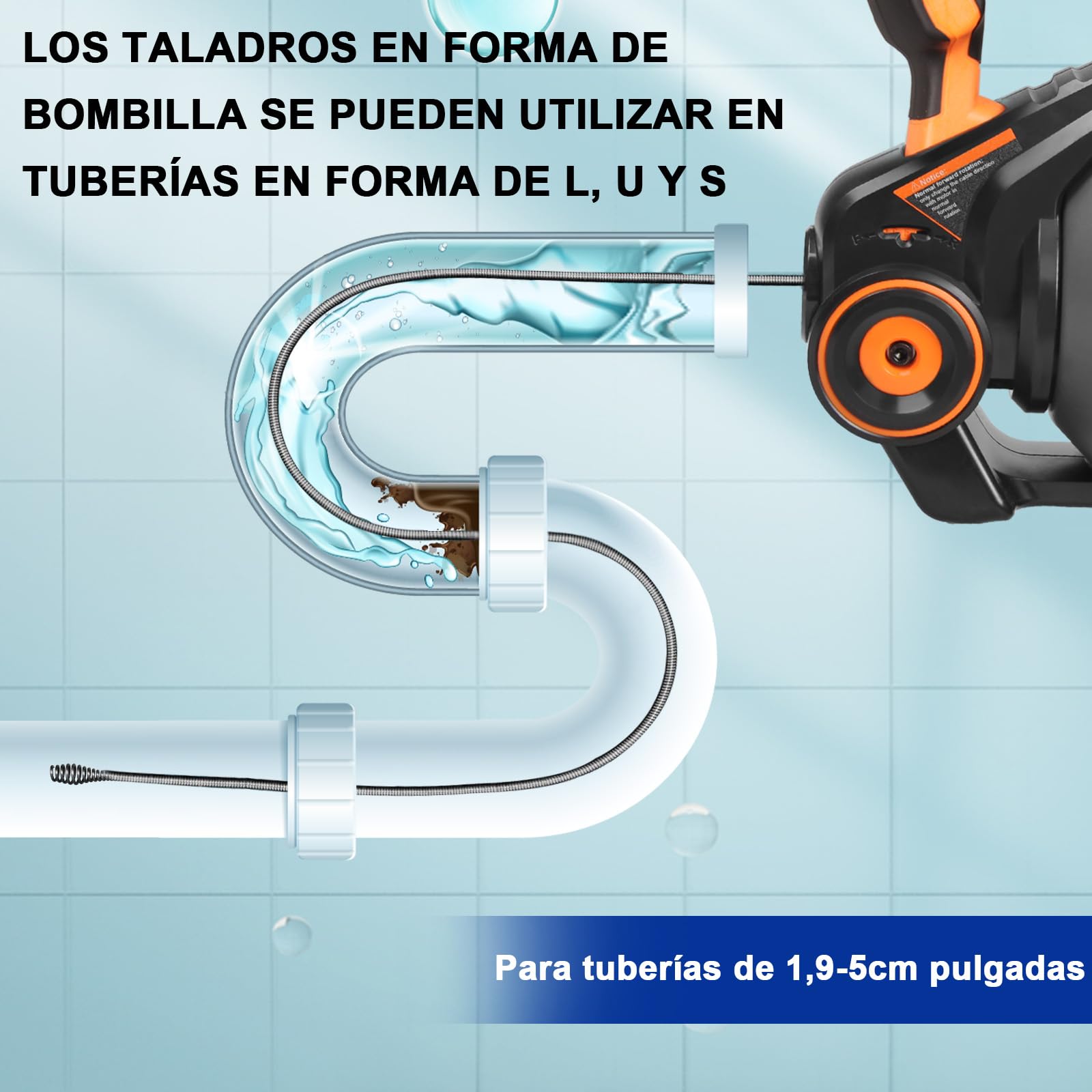 Limpiador de tuberías de 18V con espiral de limpieza de 7,6m para tuberías de 18-65 mm, Limpiadores de tuberías de batería para baños, cocinas, baños