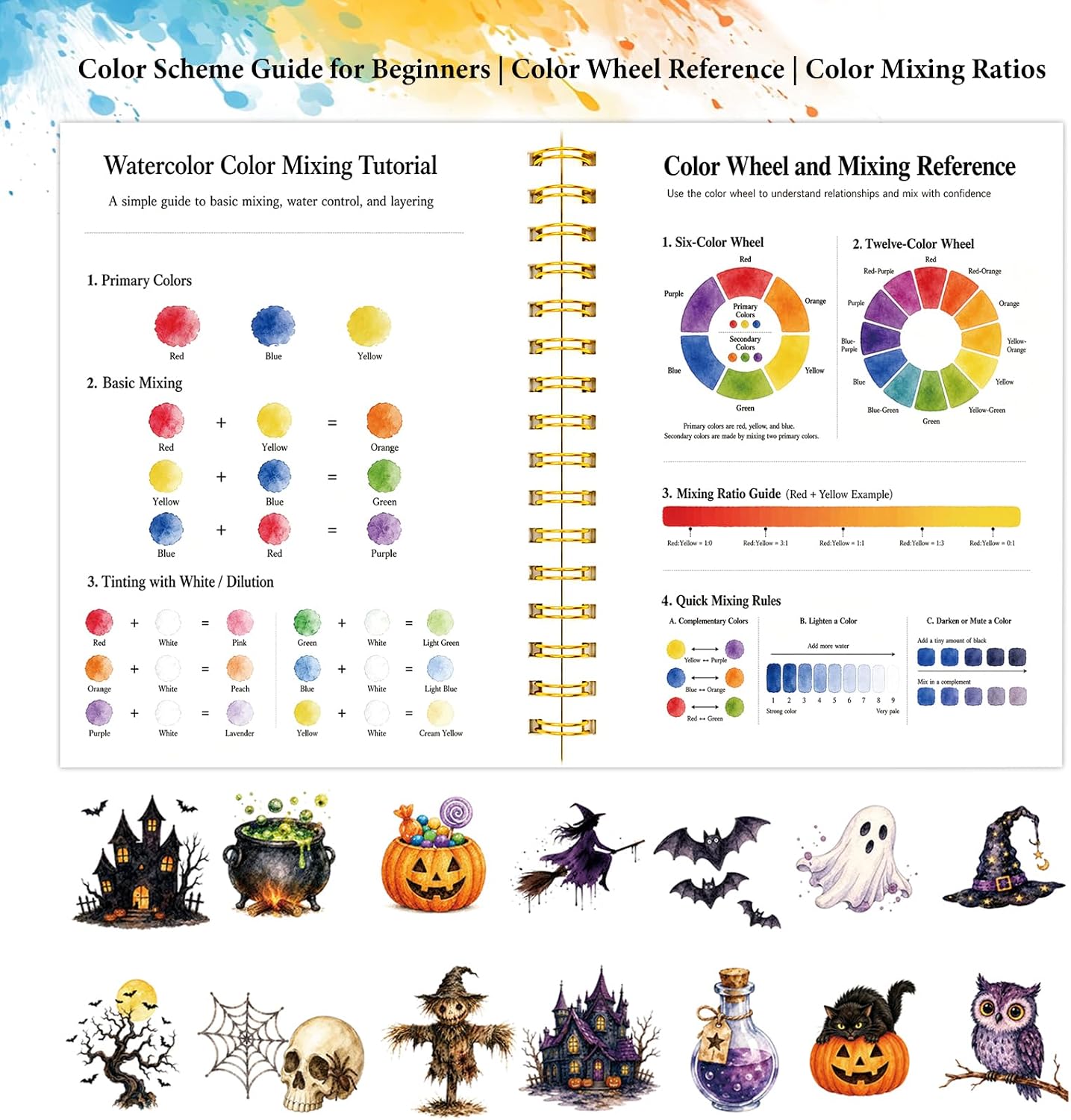 Halloween Watercolor Workbook Set for Adults, Complete with Watercolor Paints, Coloring Book, Beginning Watercolor Book, Great Gift for Adults and Teens.(Halloween, 15Patterns,12Color)