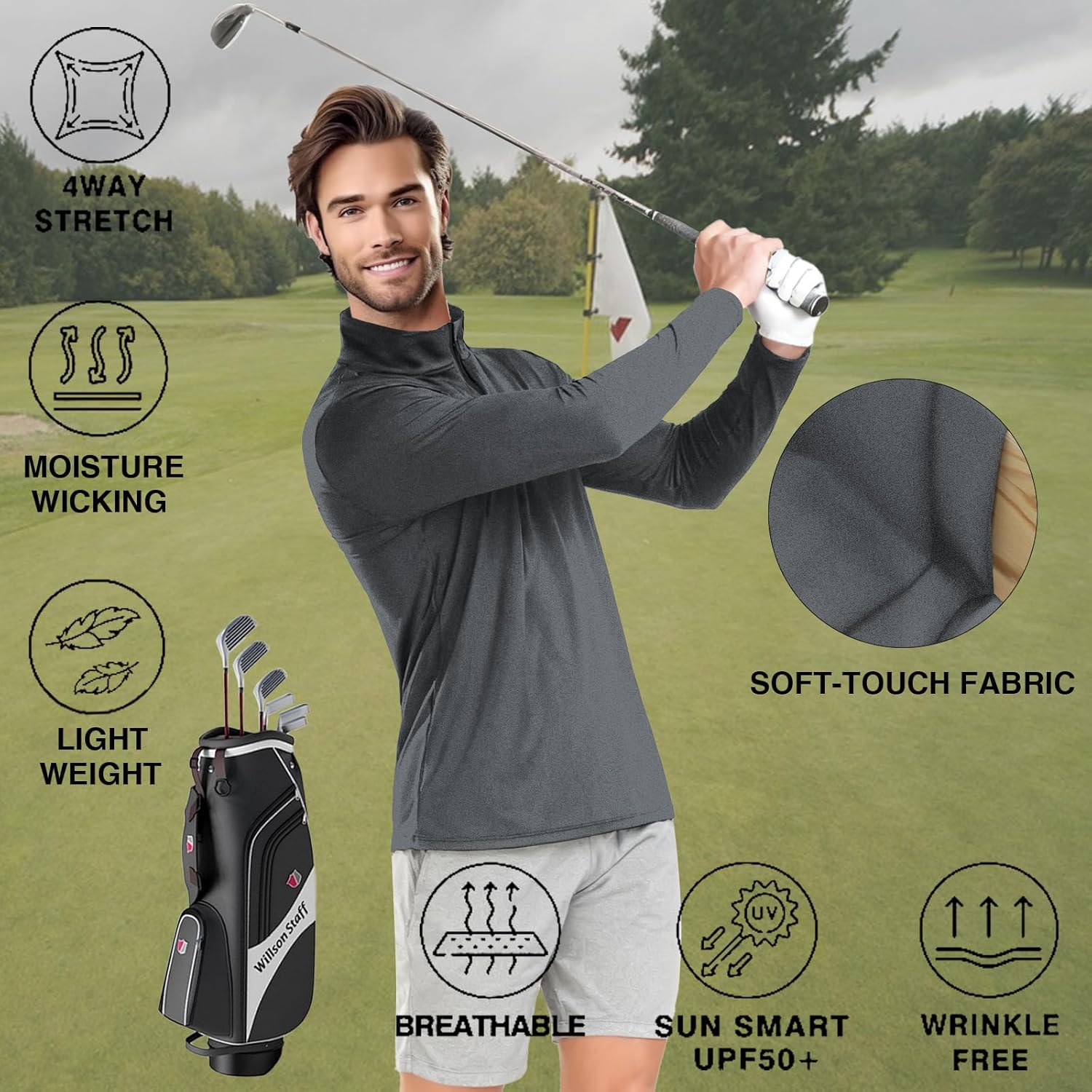 Mens Quarter Zip Pullover Sweatshirts - UPF 50+ Moisture Wicking & Breathable Sun Protection Golf Shirt - Image 5