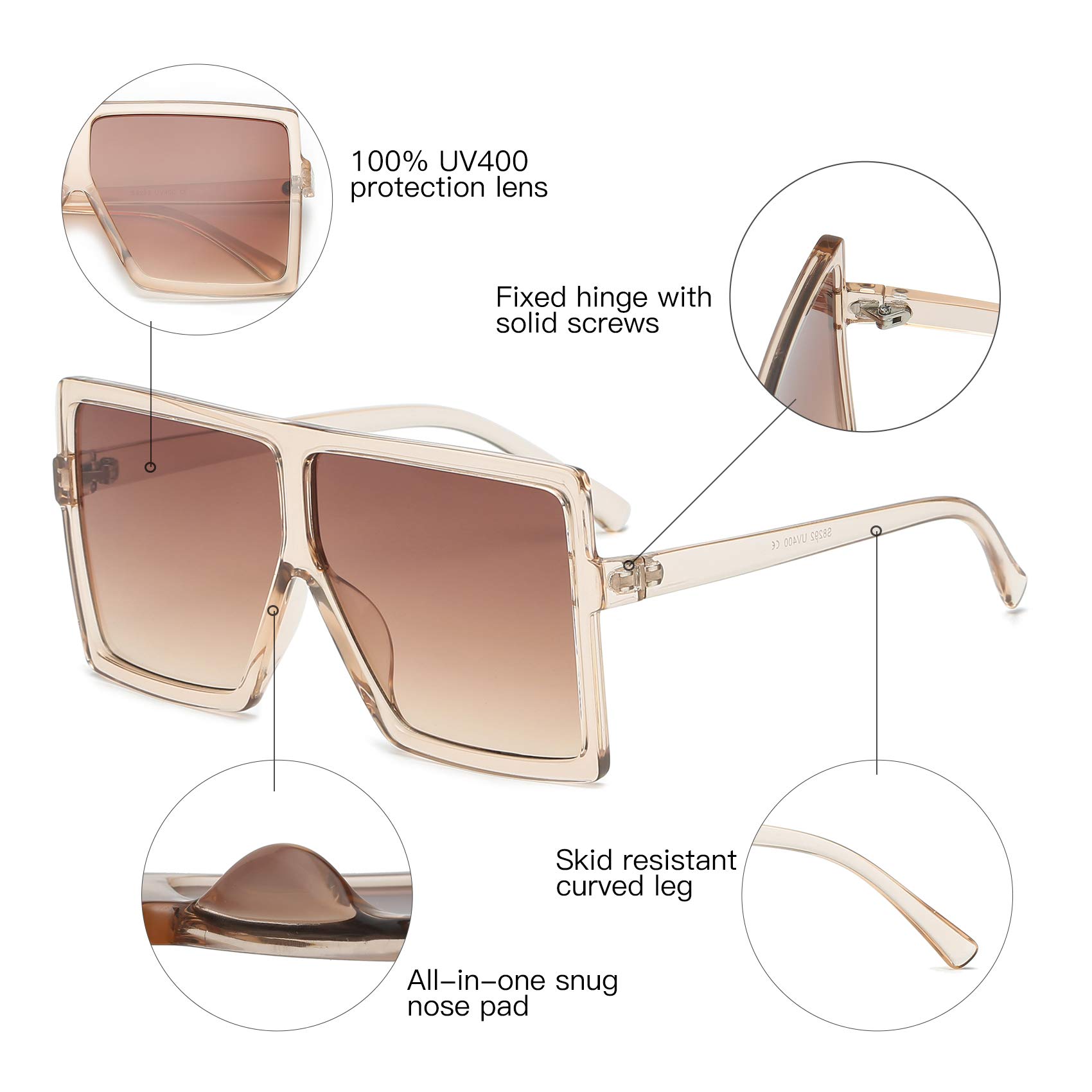 GRFISIA quadratisch Übergroße Sonnenbrille für Frauen Herren Flat Top Fashion Shades Clear Orange/Tea Lens