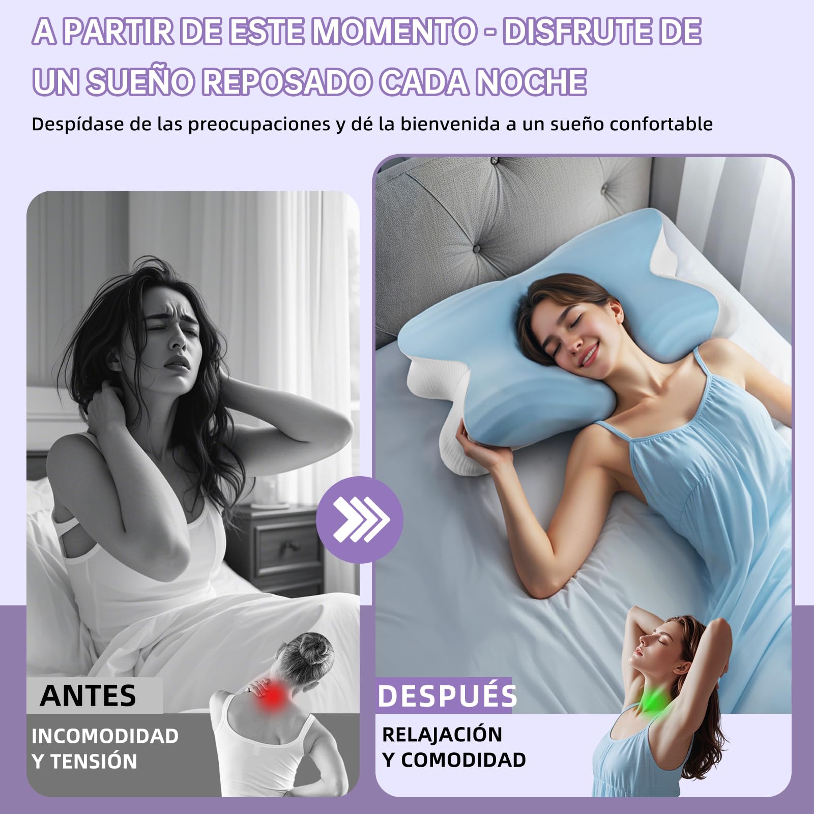 Almohada Cervicales y Cuello 2 en 1, Almohada Ergonómica para Lado 62 x 42 x 11/13 cm, Espalda y Estómago, Almohada Ortopedica Cervical para Soporte de Hombro/Cuello/Cabeza - Azul Cielo