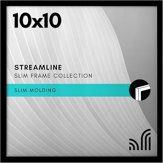 Americanflat 10x10 Picture Frame with Shatter-Resistant Glass - Streamline Collection - Thin Border Square Frame for Tabletop and Wall Display - Hanging Hardware and Easel Stand Included - Black