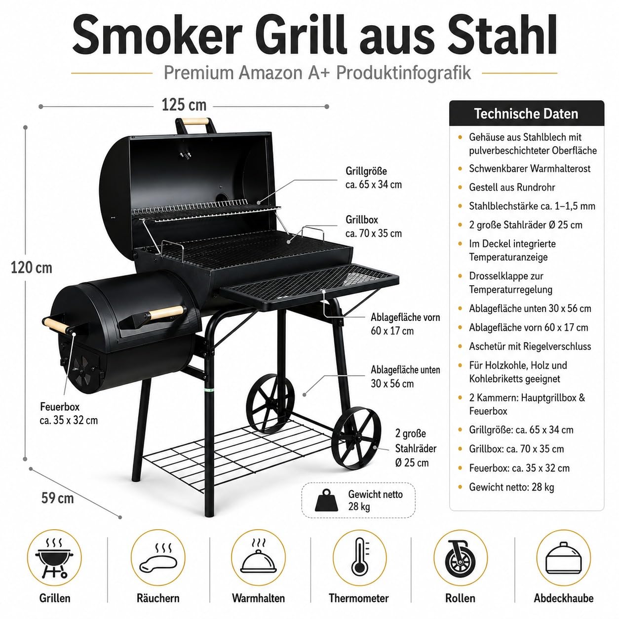 30 Kg Smoker Grill mit Abdeckhaube XL BBQ Smoker GRILLWAGEN Holzkohle Grillkamin Standgrill Räucherofen Zubehör Holzkohlegrill Schwarz Räuchergrill mit Thermometer & Rädern Deckelthermometer