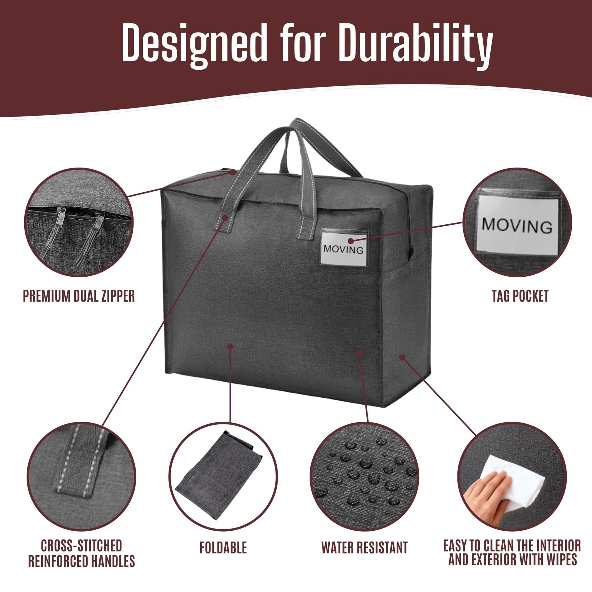 VENO 50 L Sac de Rangement Pliable, Sac Demenagement avec Étiquette Transparente, Rangement pour Vetements, Couette, Literie, Rangement Sous Lit et Voyages(S Noir, Lot de 4)