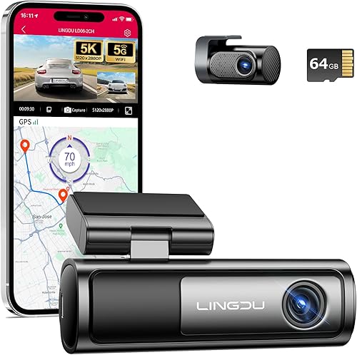 LD06 5G WiFi Dash Cam frontal y trasera, cámara de tablero 5K para automóviles con tarjeta SD de 64 GB, control de voz de visión nocturna, GPS