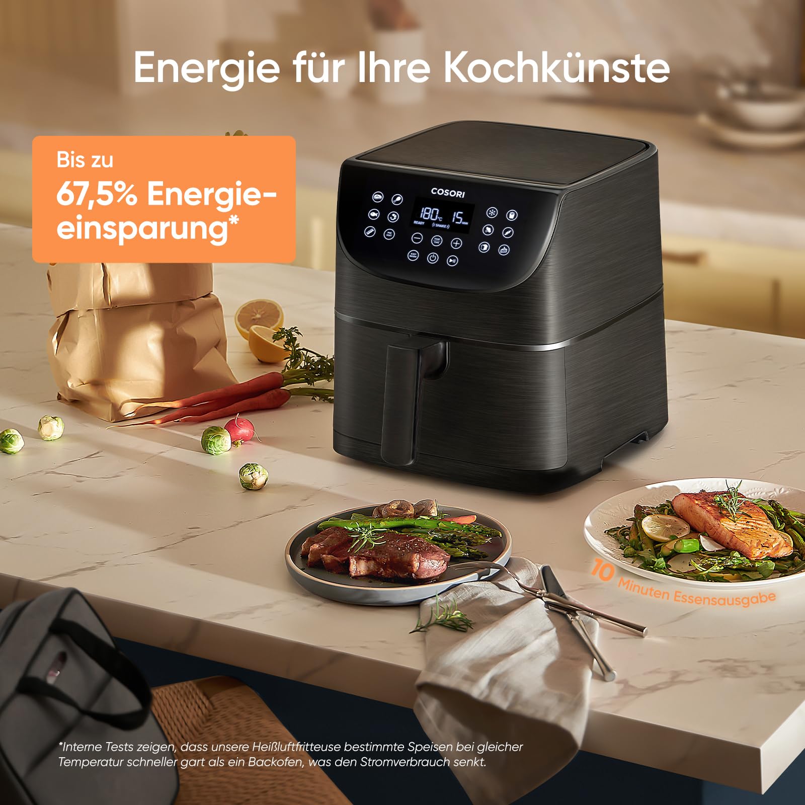 Cosori Airfryer, mit Shake-Reminder, 11-in-1 5,5L Heißluftfritteuse | 97,3 Prozent ölsparend, 67,5 Prozent energiesparend, Schwarz