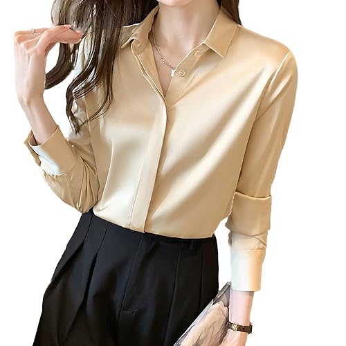 Women's Satin Blouse Fashion Long Sleeve Satin Silk Shirt Work Office Top Casual Shirt