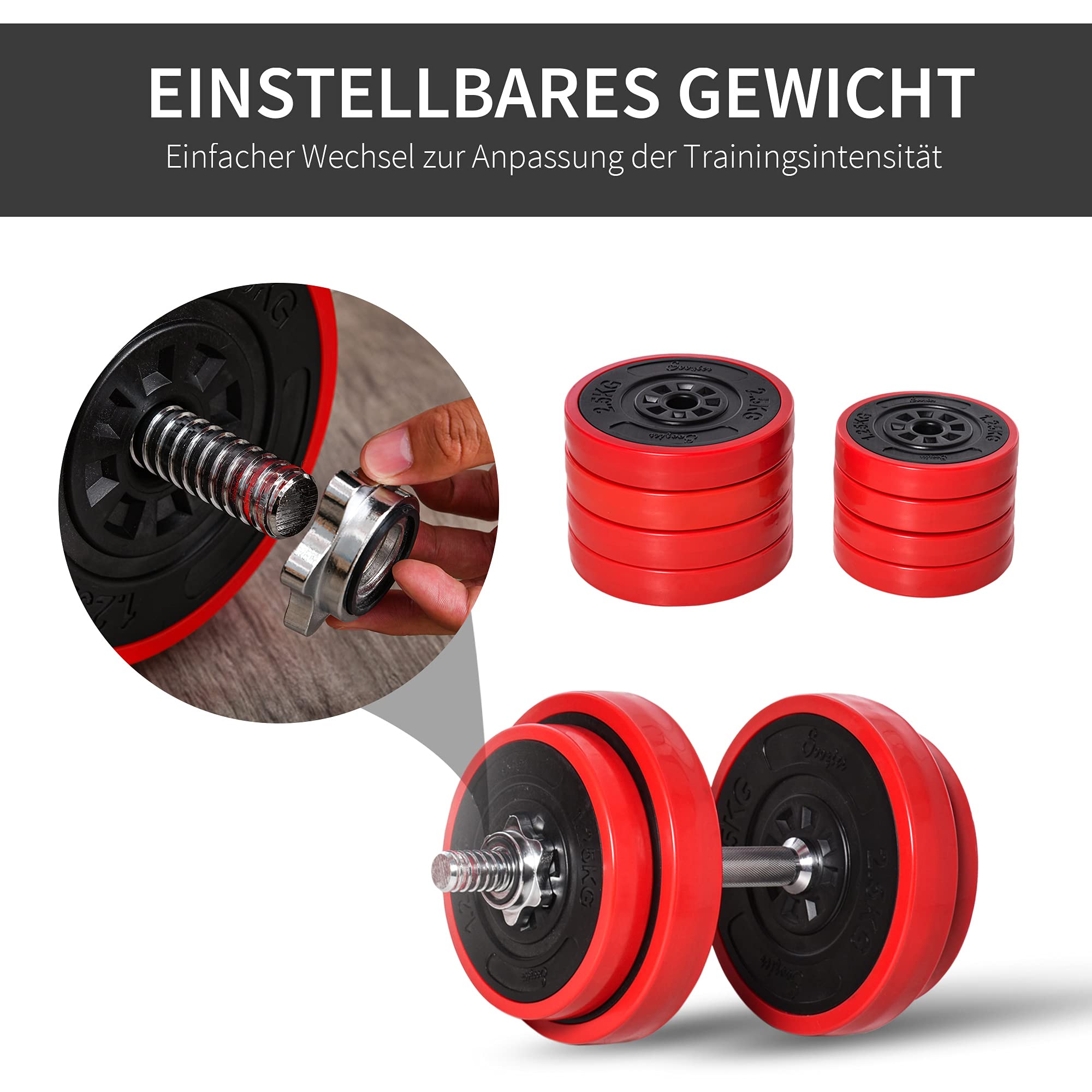 HOMCOM Zestaw hantli 20/30 kg, 2 w 1, hantle i długie hantle, regulowane do podnoszenia ciężarów, do domu, fitnessu, mięśni, kolor czerwony + czarny