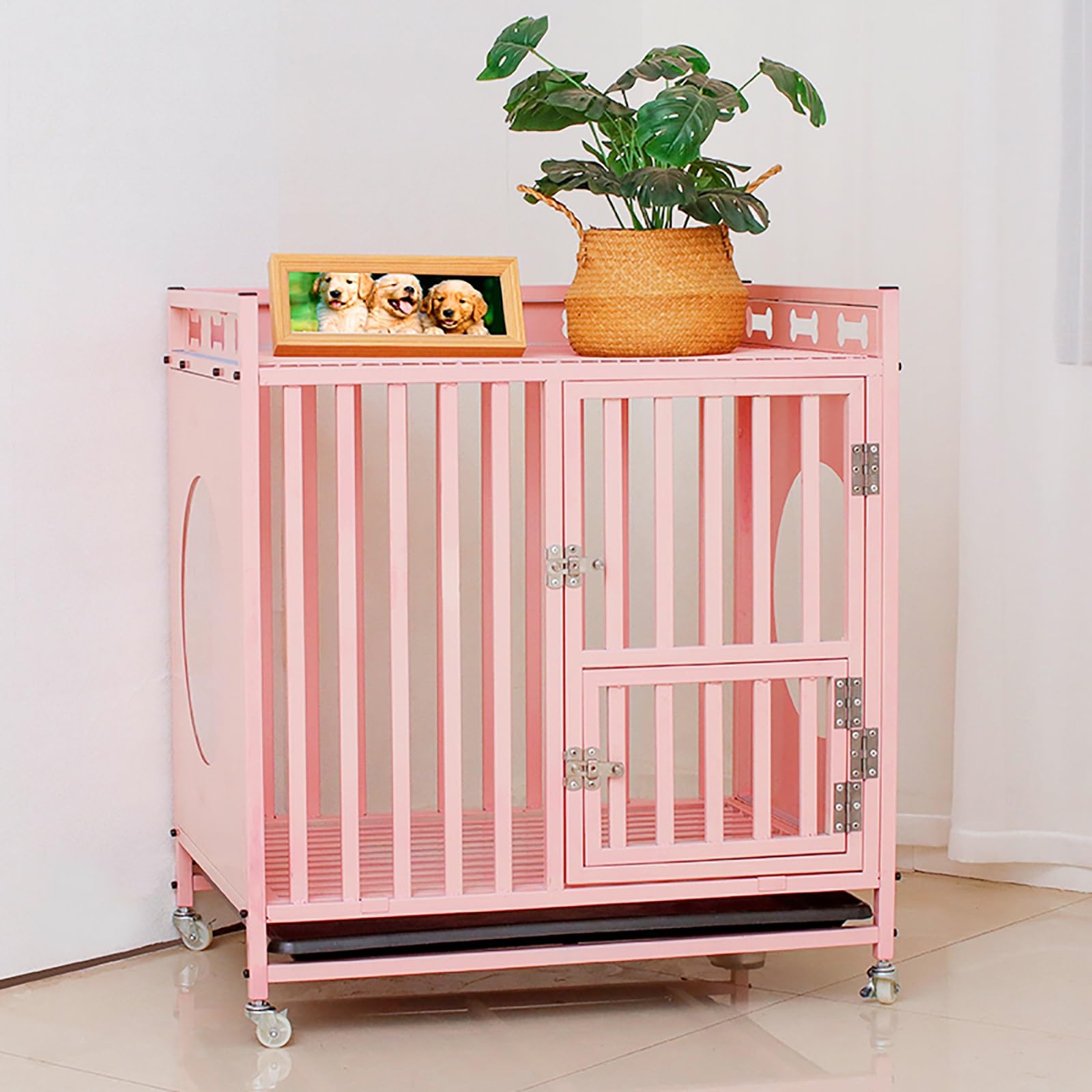 Jaula resistente para perros, 2 en 1, estilo mueble, con ruedas, diseño resistente a las mordidas para perros pequeños a grandes, muebles rústicos de interior