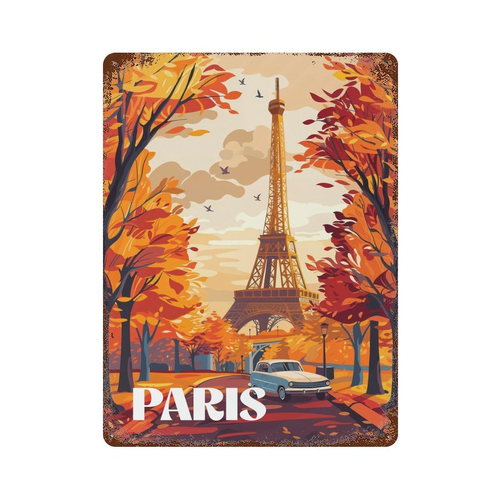 Garage Style Autumn in Paris Distressed Metal Wall Sign 15.7"x11.8", Decorative Metal Wall Art for Bar And Workshop