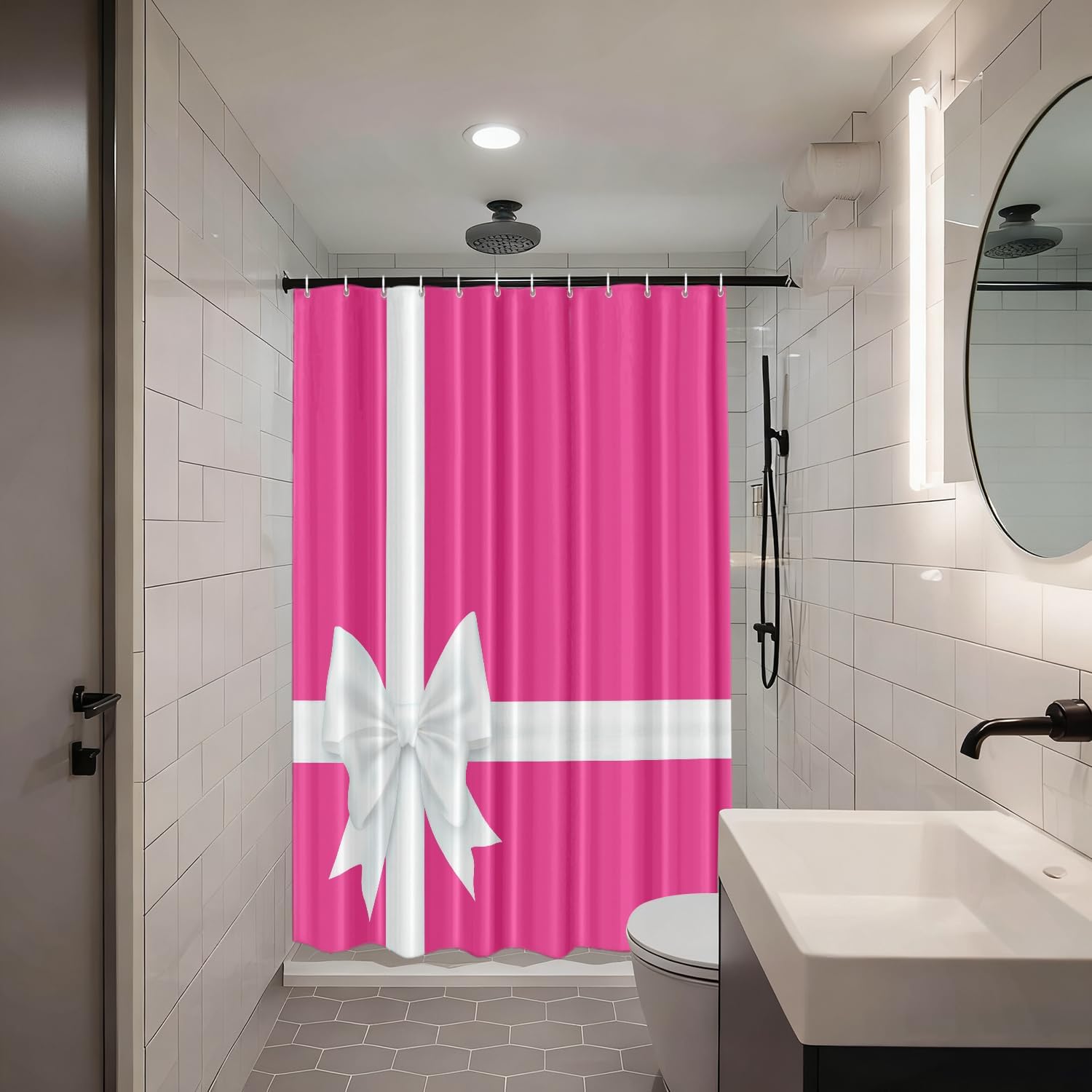 Shrahala Hot Pink Decorative Shower Curtain, Magenta with White Bow Bathroom Décor Polyester Fiber Waterproof with Plastic Rings for Shower Stall Bathtubs 72 X 72 in