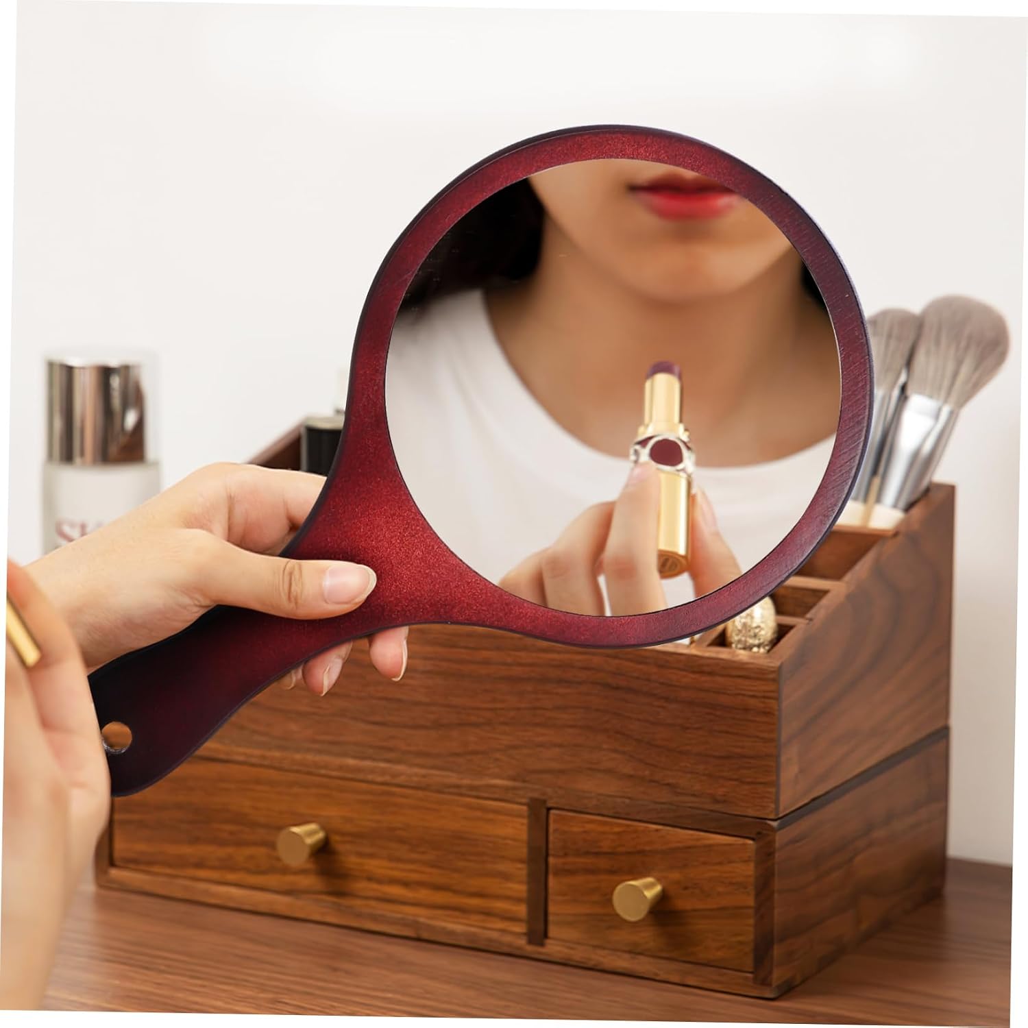 Baluue 2pcs Travel Mirror Wooden Handle Large Makeup Mirror for Women Non Reversing