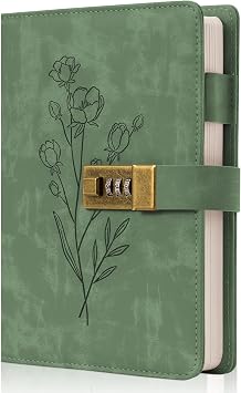 Ovesmusl Leather Lock Diary Journal, A5 Green 260 Pages | 100 GSM paper, refillable journal, combination lock, flower design, writing diary