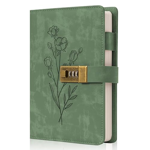 Lock Diary for Women Diary with Lock for Girls A5 Leather Locked Journal 260 Pages 100 GSM Refillable Journal with Lock for Teens Secrets Flower Journals with Combination Passwords, 5.7"x8.3", Green