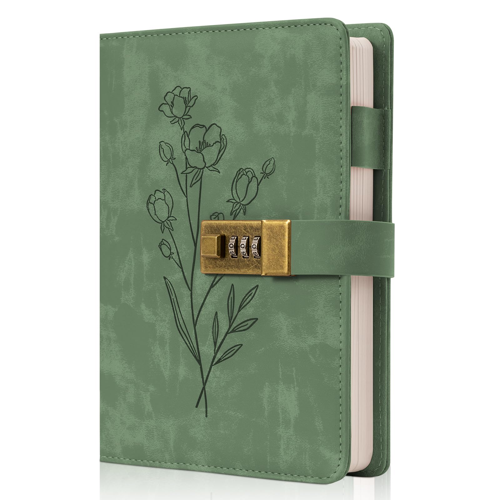 Lock Diary for Women Diary with Lock for Girls A5 Leather Locked Journal 260 Pages 100 GSM Refillable Journal with Lock for Teens Secrets Flower Journals with Combination Passwords, 5.7"x8.3", Green