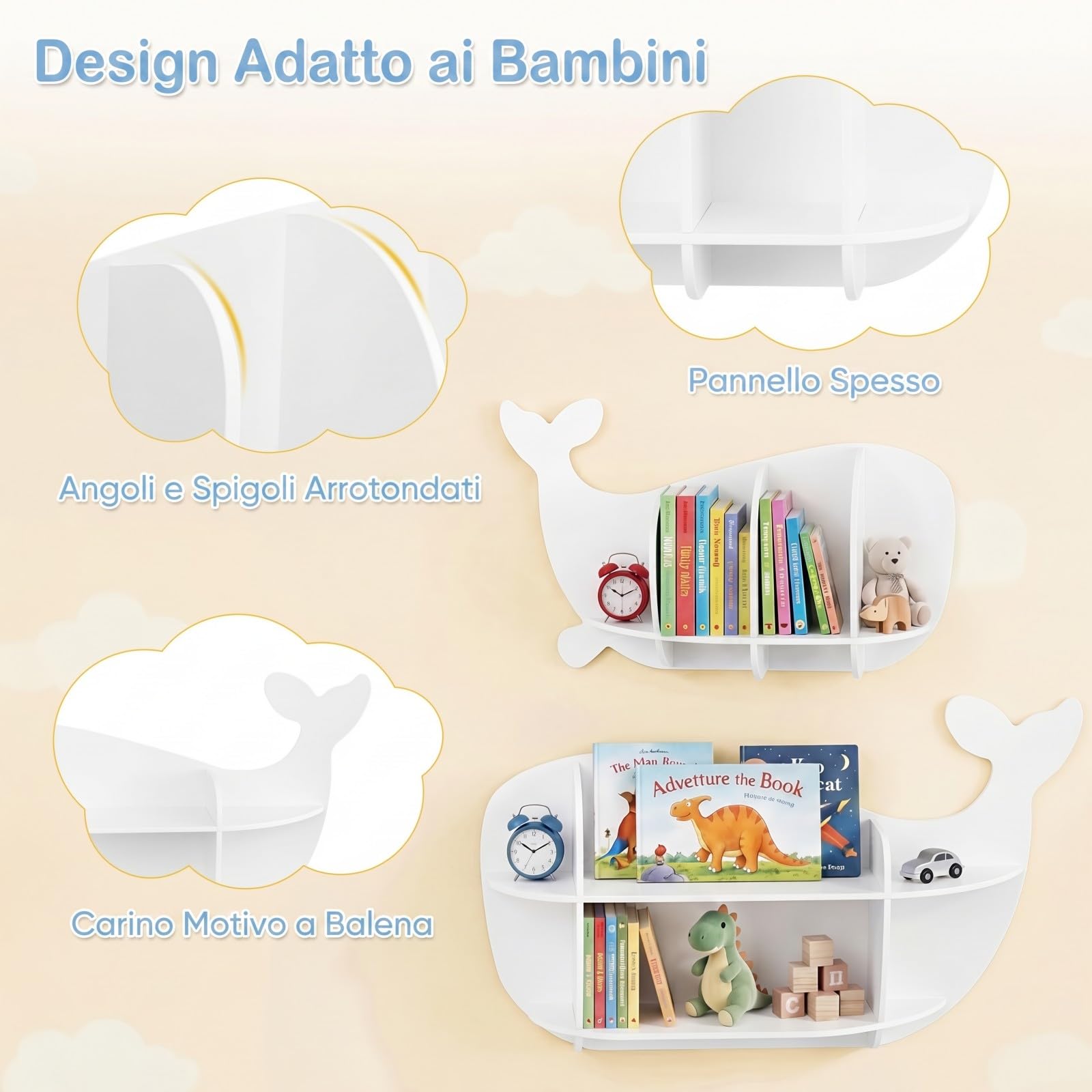 COSTWAY Set di 2 Mensole da Muro per Bambini a Forma di Balena in Legno | Libreria da Parete con Scomparti, Antiribaltamento e Bordo Protettivo, Decorazione per Cameretta, Soggiorno e Sala Giochi
