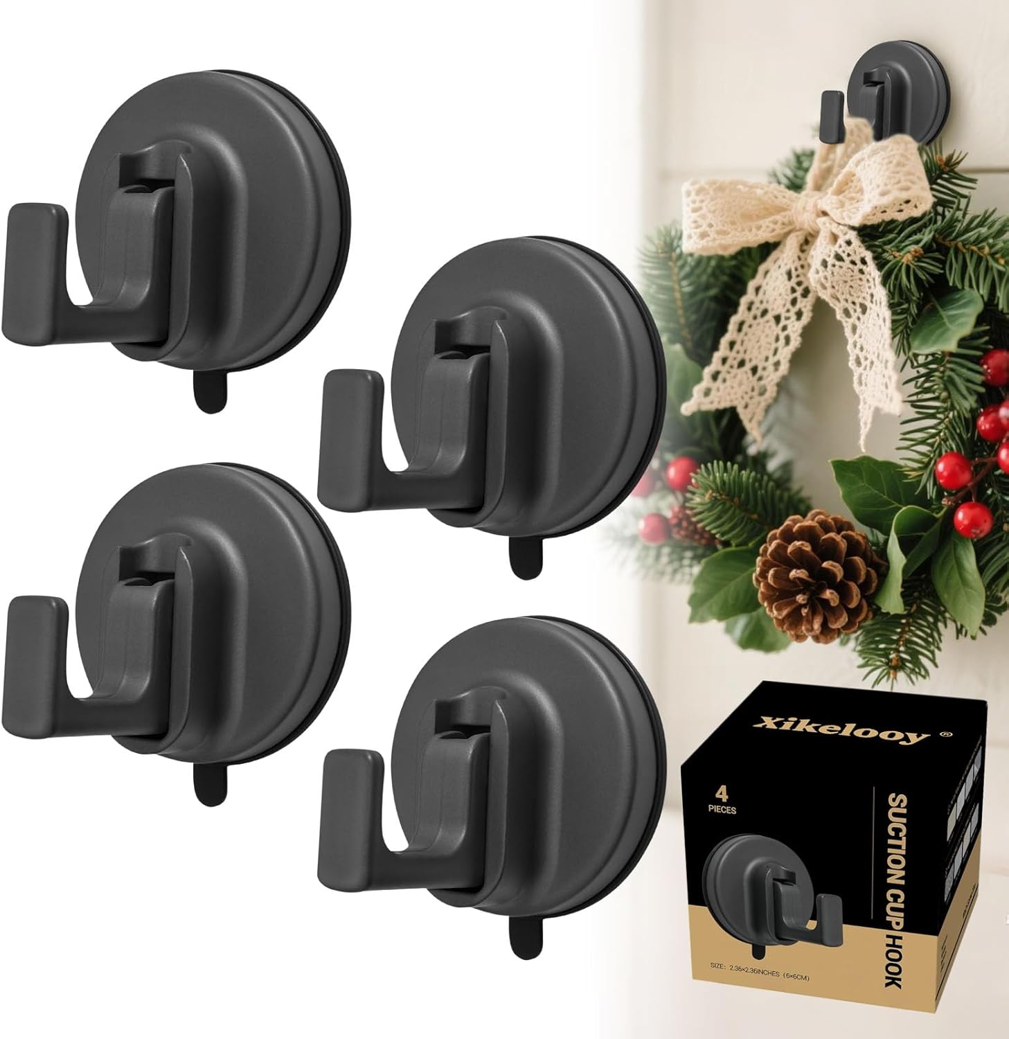 Upgrade Suction Cup Hooks, Suction Cup Hooks for Shower, No Drill SuctionCup Hook for Bathroom Hanging Towels Holder, Hook for Christmas Wreath Decor Thanksgiving, Reusable Strong & Reliable (4)