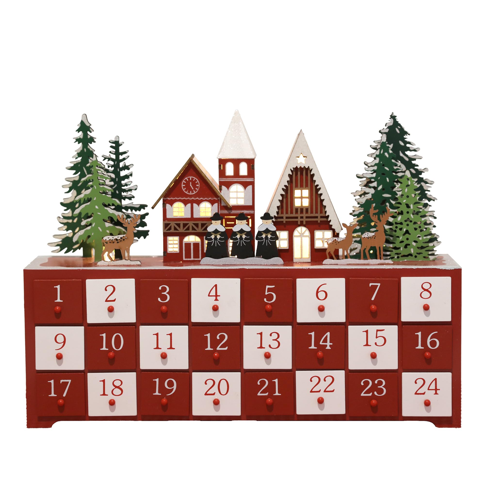 PE Handgefertigter Holz Adventskalender mit 24 Schubladen - Beleuchteter Weihnachtskalender mit Dorf Szene - Weihnachtsdeko zum Befüllen 37,5 x 8 x 27,3 cm