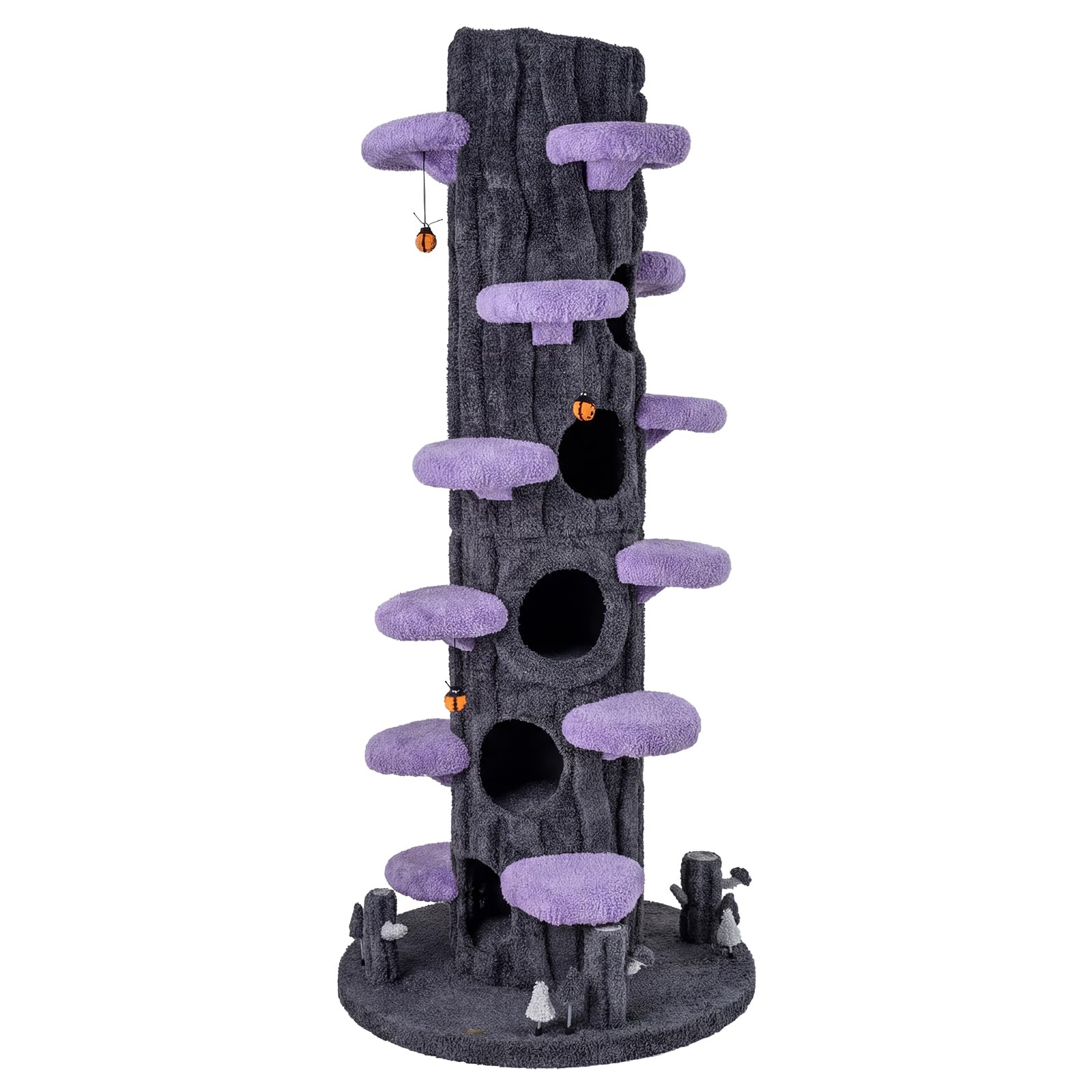 PETSITE 90.5 Inch Tall Cat Tree, Tree-Like Modern Cat Tower with Sisal Scratching Pad, Five Cat Condos, Cute Hanging and Spring Toys, Large Cat Tree Tower for Indoor Cats (): Purple