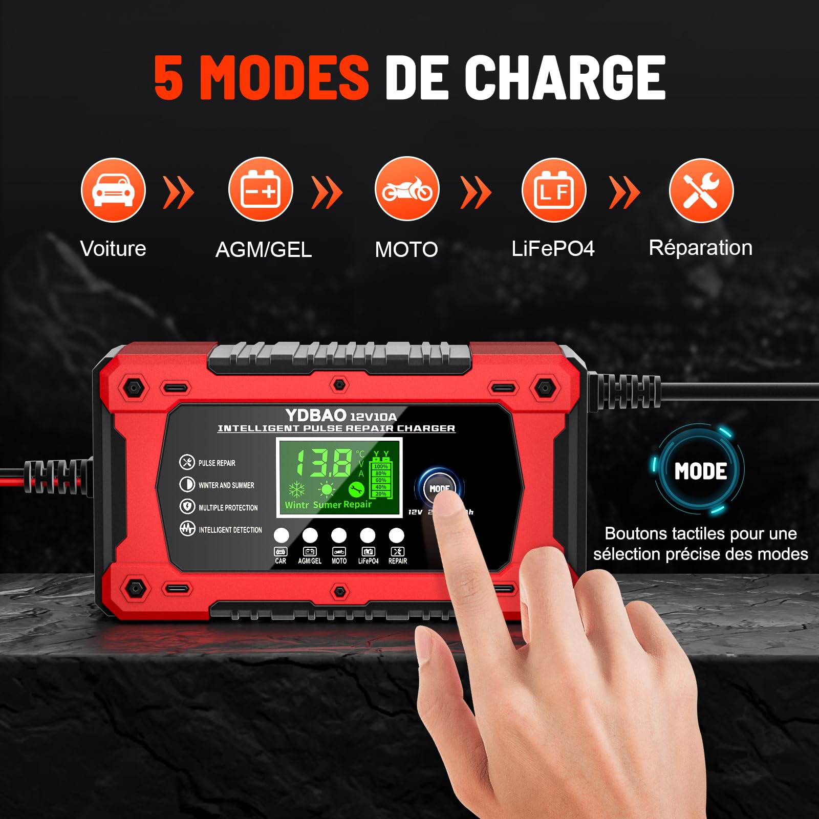 YDBAO Chargeur Batterie Voitures 10A 12V LiFePO4 Chargeur de Batterie Moto Auto Intelligent avec Réparation Écran LCD Mode Protection pour Voiture Moto Camion AGM Gel Wet SLA LiFePO4