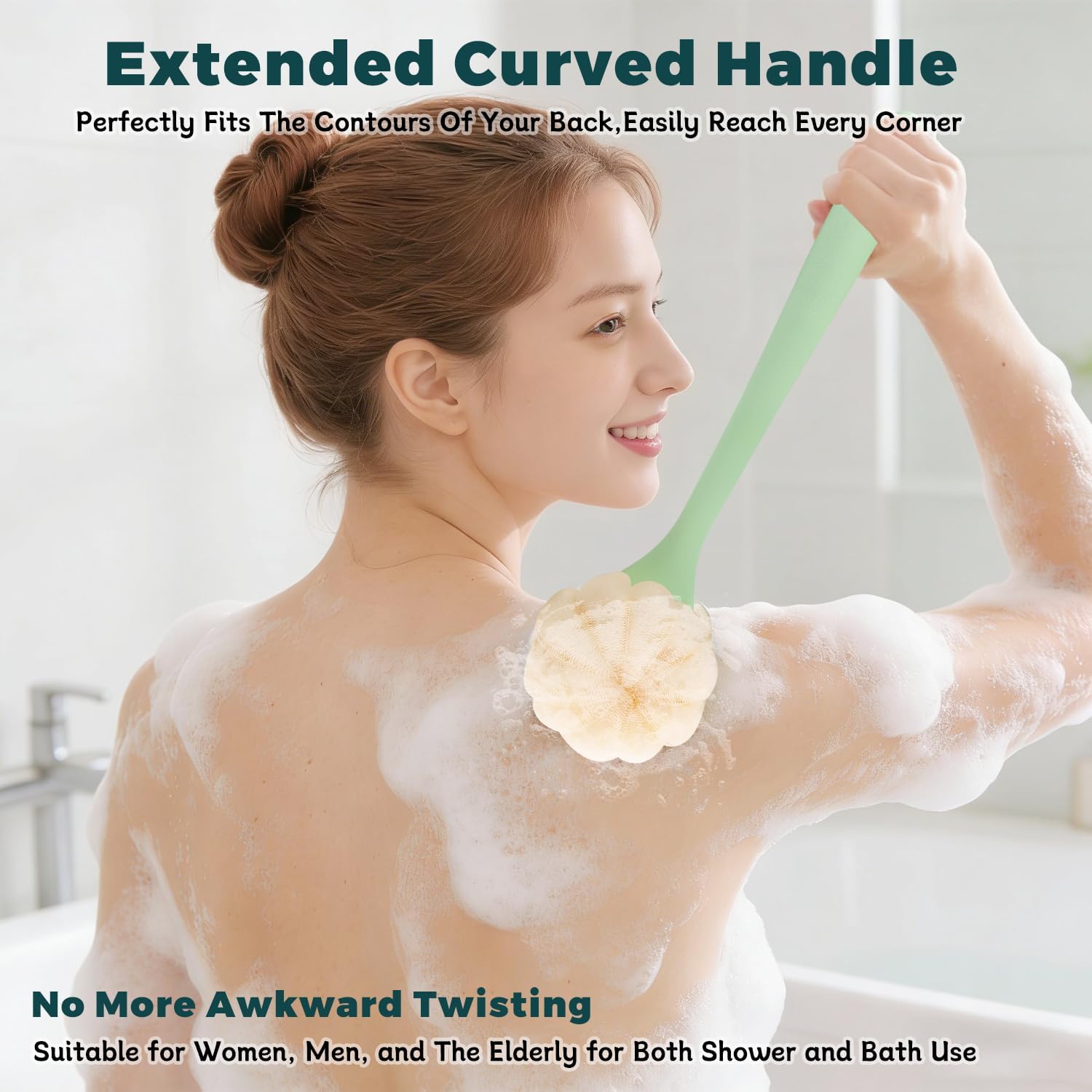 2 Pack 16" Curved Long Handle Back Scrubber for Shower - Double-Sided Bath Brush with Soft Bristles and Loofah,Bath Scrubber Brush,Wet & Dry Body Back Cleaning Helper for Women and Men (Green)