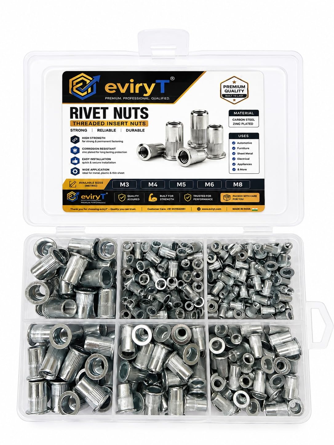 Rivet Nuts Assortment Kit 300 PCS | Metric Threaded Insert Nut Kit M3, M4, M5, M6, M8 | Zinc Plated Carbon Steel Rivnuts | Flat Head Knurled Thread Inserts for Metal, DIY & Automotive-image-11