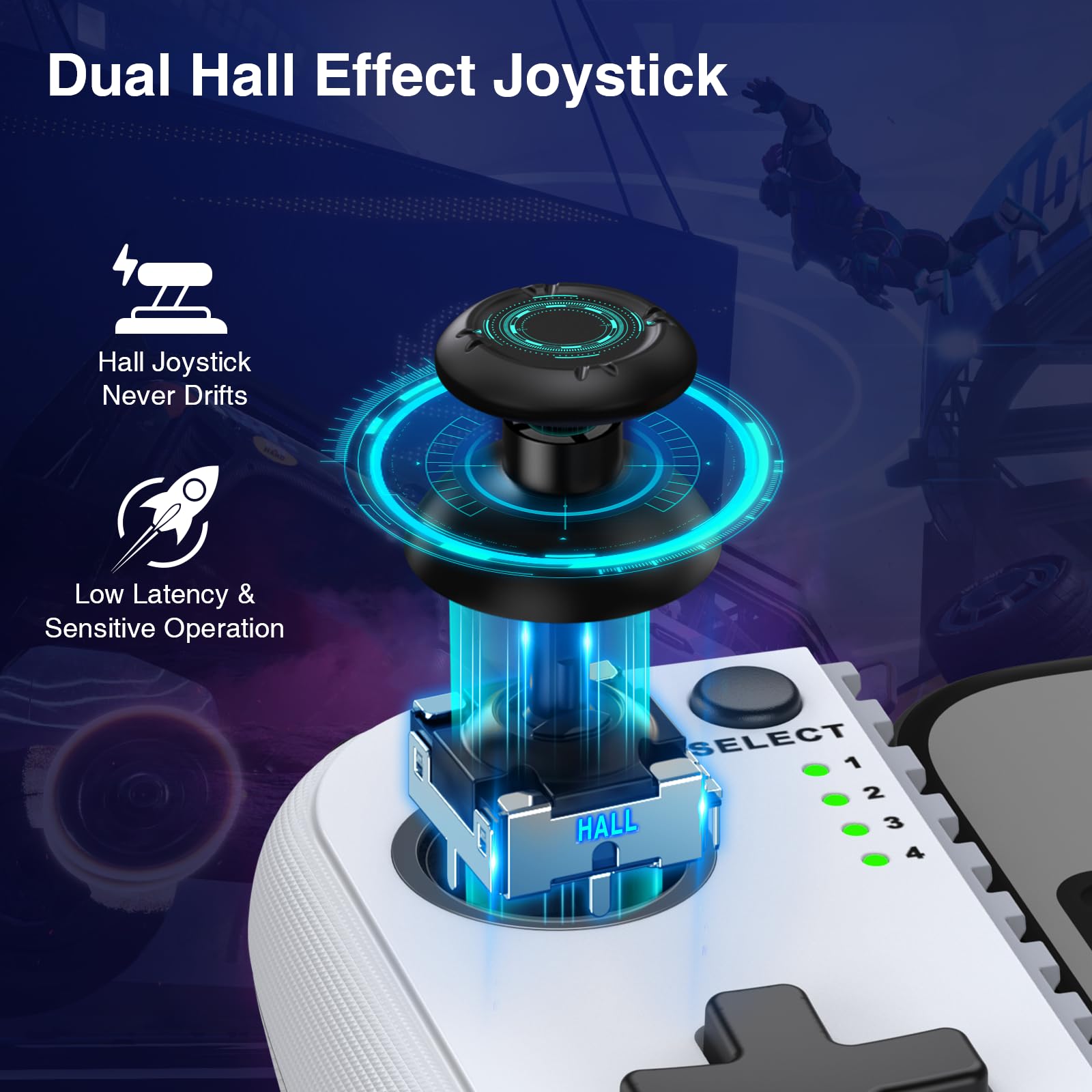Controlador de teléfono para iPhone/Android – Controlador de juegos móvil con palanca de mando de efecto Hall, soporte de funda de teléfono, luz dinámica fría, función turbo, vibración dual