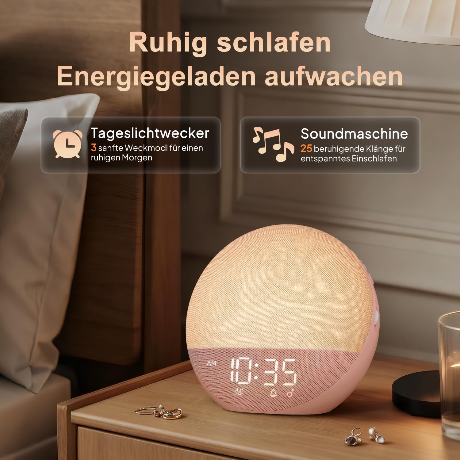 Sveglia con luce diurna, bianco rumore, con Bluetooth, 25 suoni naturali con timer, luce notturna RGB per camera da letto (rosa ciliegio)