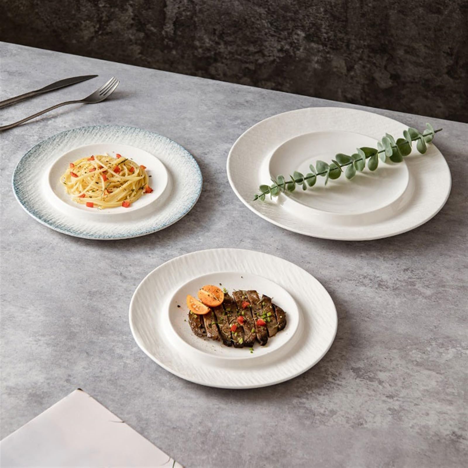 Assiettes de service Assiette en céramique en grès givré, sensation Premium, assiette de nourriture occidentale créative, assiette à Steak, assiette de service peu profonde Assiette réutilisable(Blanc