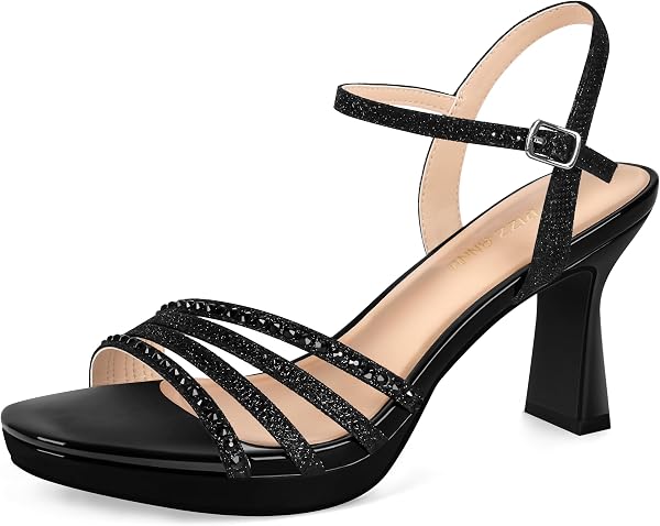 Lena Women's Platform Heels High Block Chunky Sparkly Rhinestone Open...