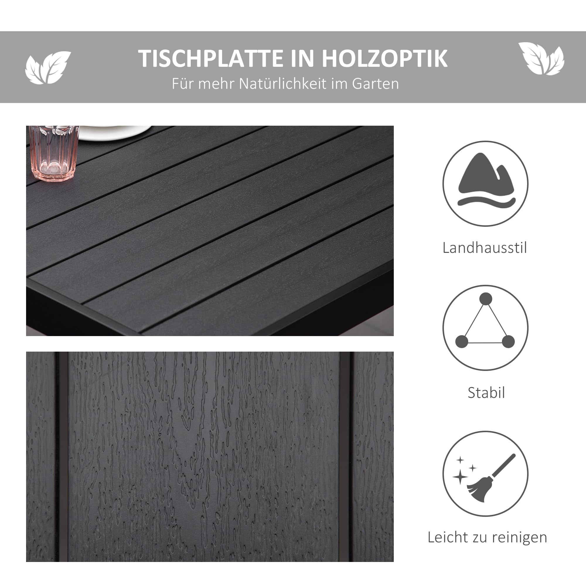 Outsunny Gartentisch Aluminium 190x90 cm Wetterfest Buffettisch mit Holz-Optik, rutschfest Campingtisch für 8 Personen Balkontisch Terrassentisch Outdoor Esstisch für Garten, Terrasse Balkon Schwarz