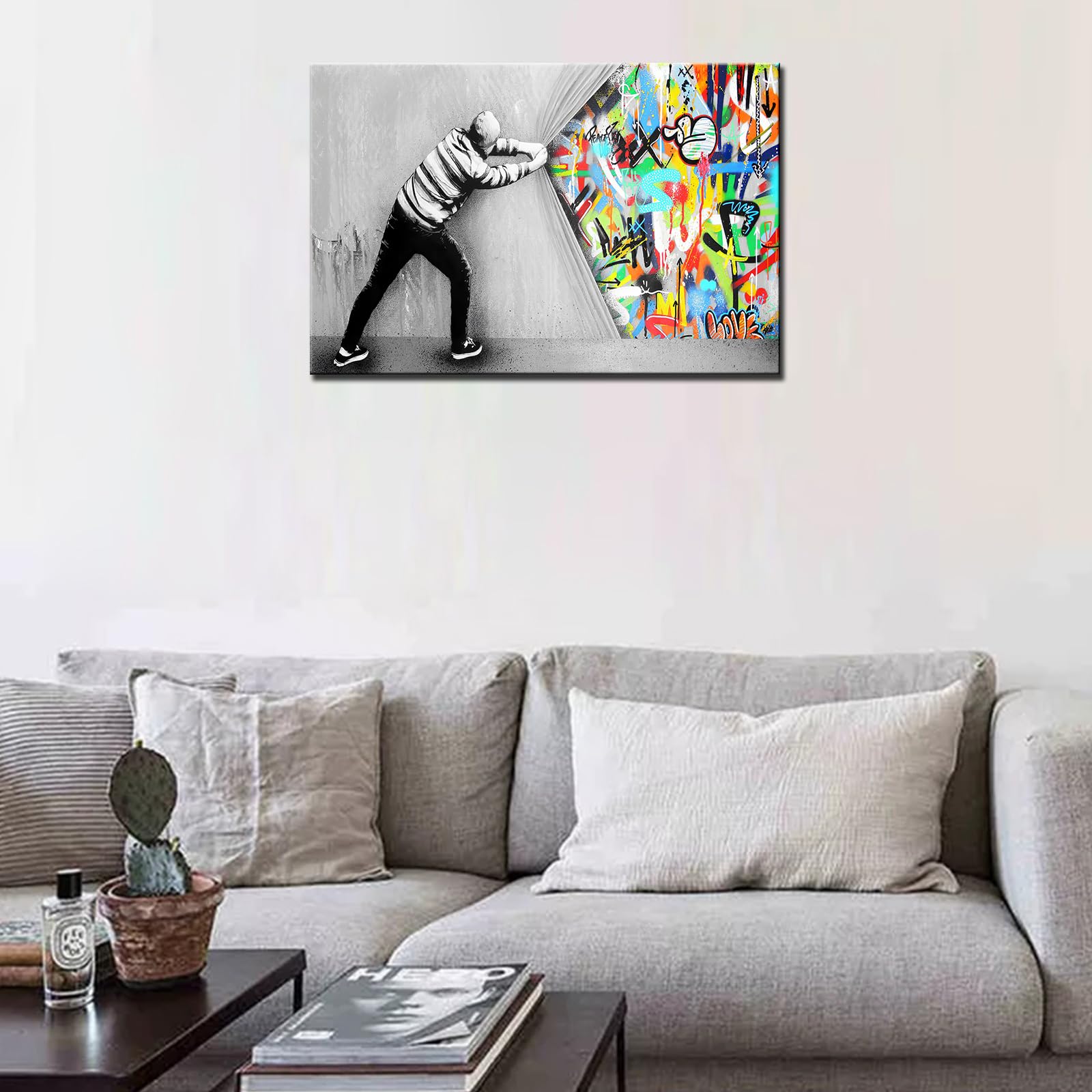 Graffiti Street Wall Art Banksy Art Paintings Doodle Pictures Behind the Curtain Artwork for Living Room 1 Panels Print Canvas House Decor Framed Gallery-Wrapped Ready to Hang(24''W x 16''H) - Image 3