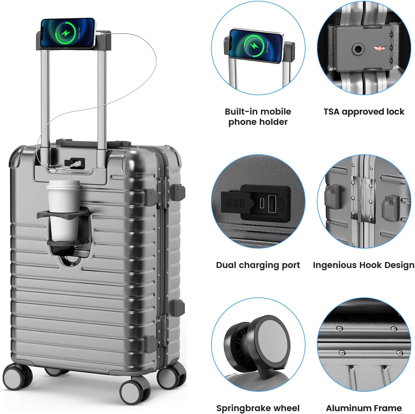 20 Inch Carry on Luggage with Cup Holder, Airline Approved 22x14x9 Aluminum Frame PC Hard Shell Suitcase, 360° Spinner Wheels, TSA Lock for Short Trips and Business Travel