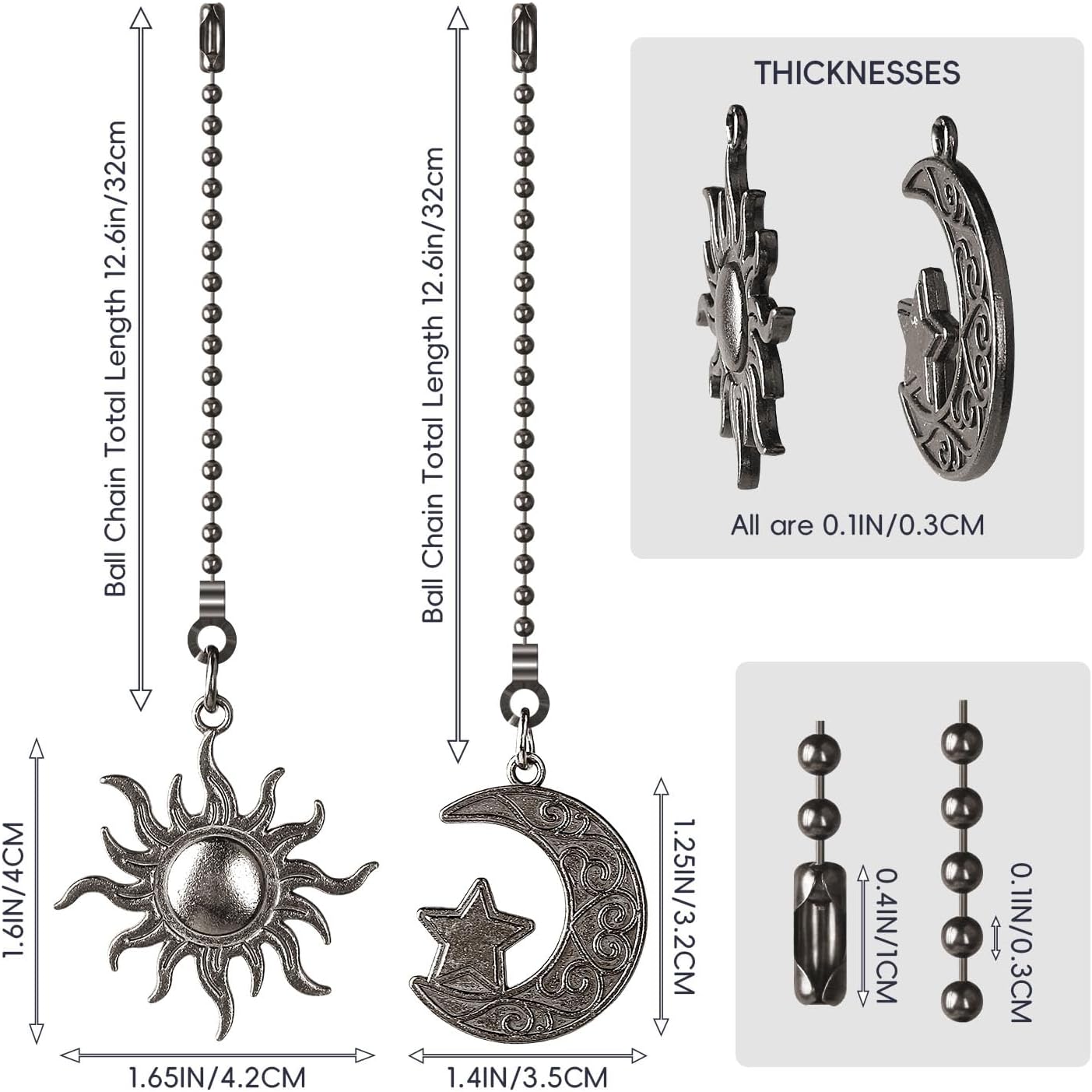 2 Pack Ceiling Fan Pull Chain, Sun Moon Fan Pull Chain Extension, 12 Inches Decorative Chain Pulls Ornaments for Ceiling Light Lamp, Beads Ball Pull Chain Extender with Connector, Black Grey