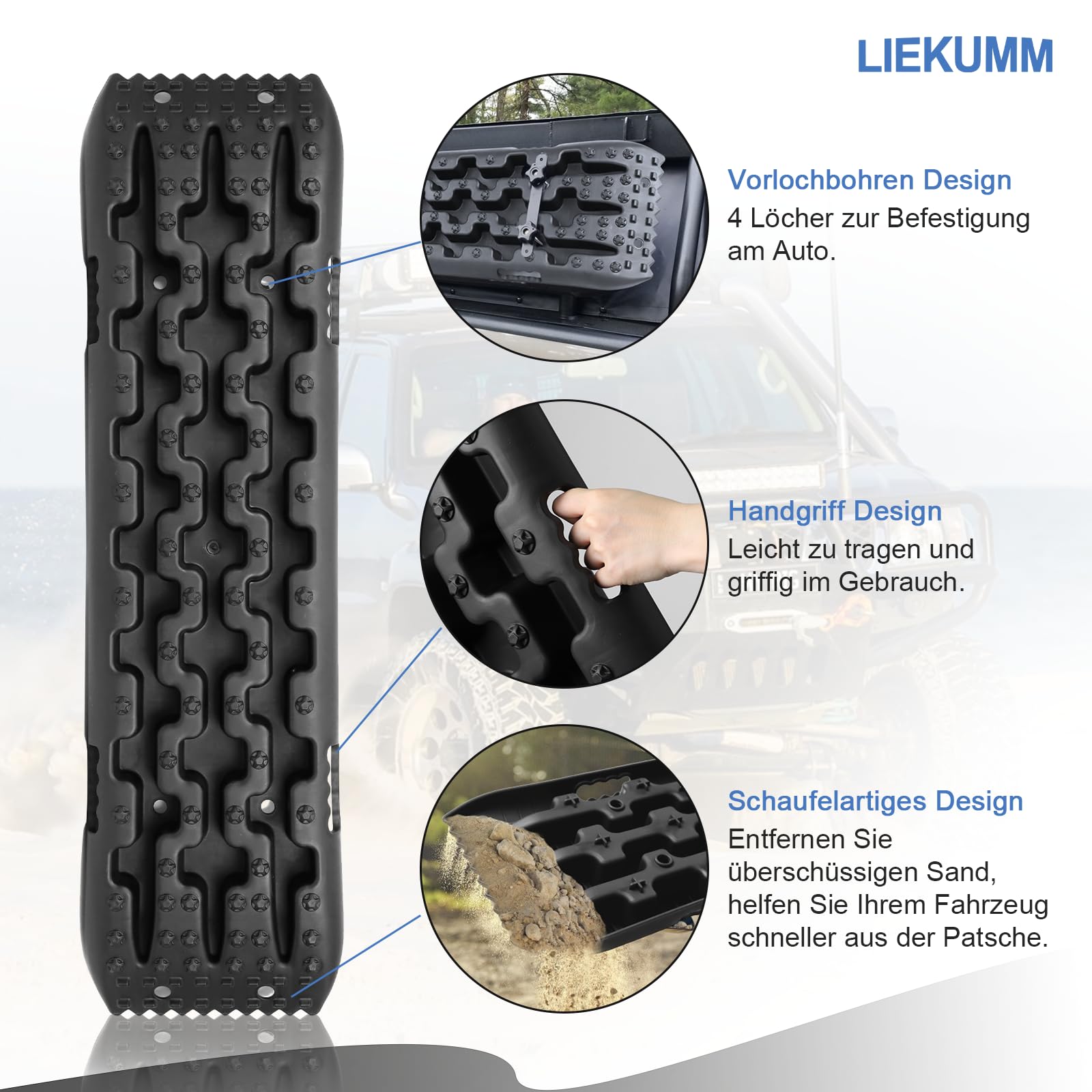 LIEKUMM 2 Stücke Sandbleche Offroad, 104,5 x 28 cm Sandbleche Kunststoff, 10 T Tragkraft Sandbleche Wohnmobil, Kunststoff Sandblech für Geländewagen PKW LKW, Sandboard für Sand Schlamm Schne