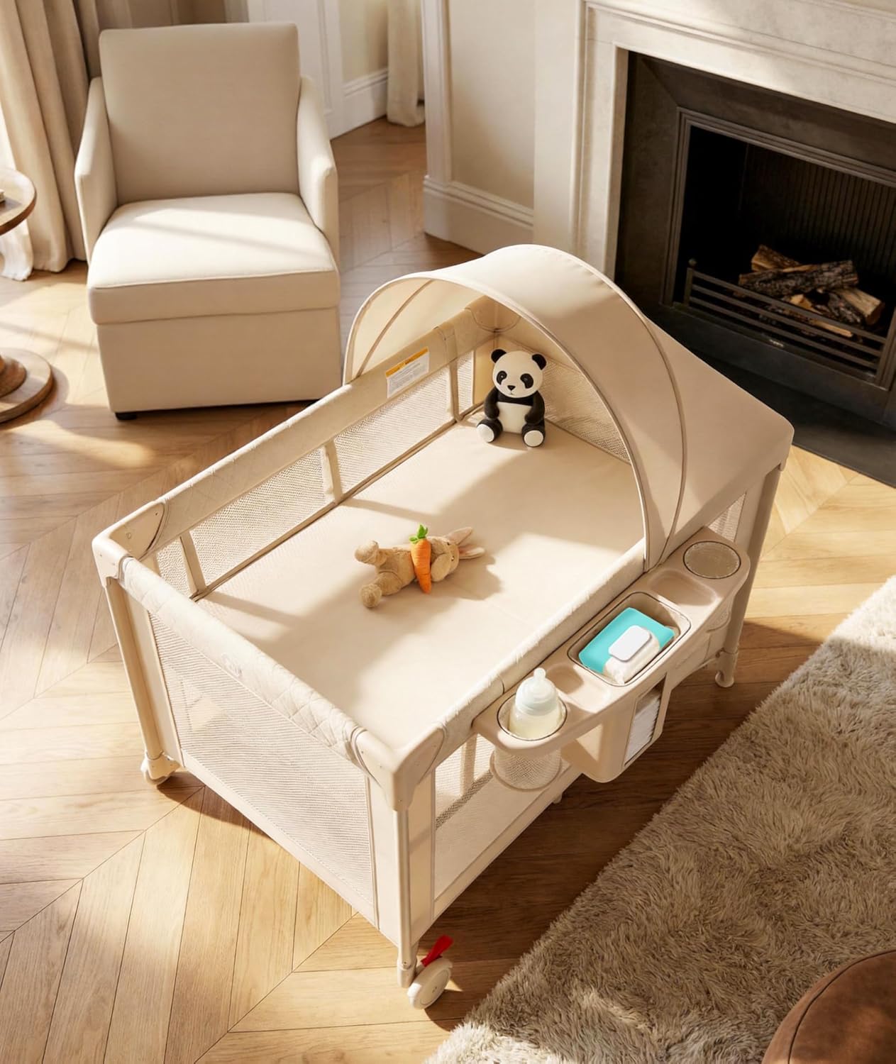 4 in 1 Baby Bassinet Bedside Crib with One-Hand Setup & Waterproof Mattress – ASTM-Certified Pack and Play, Portable Foldable Playard with Diaper Changer for Newborn to Toddler(Khaki) - Image 5