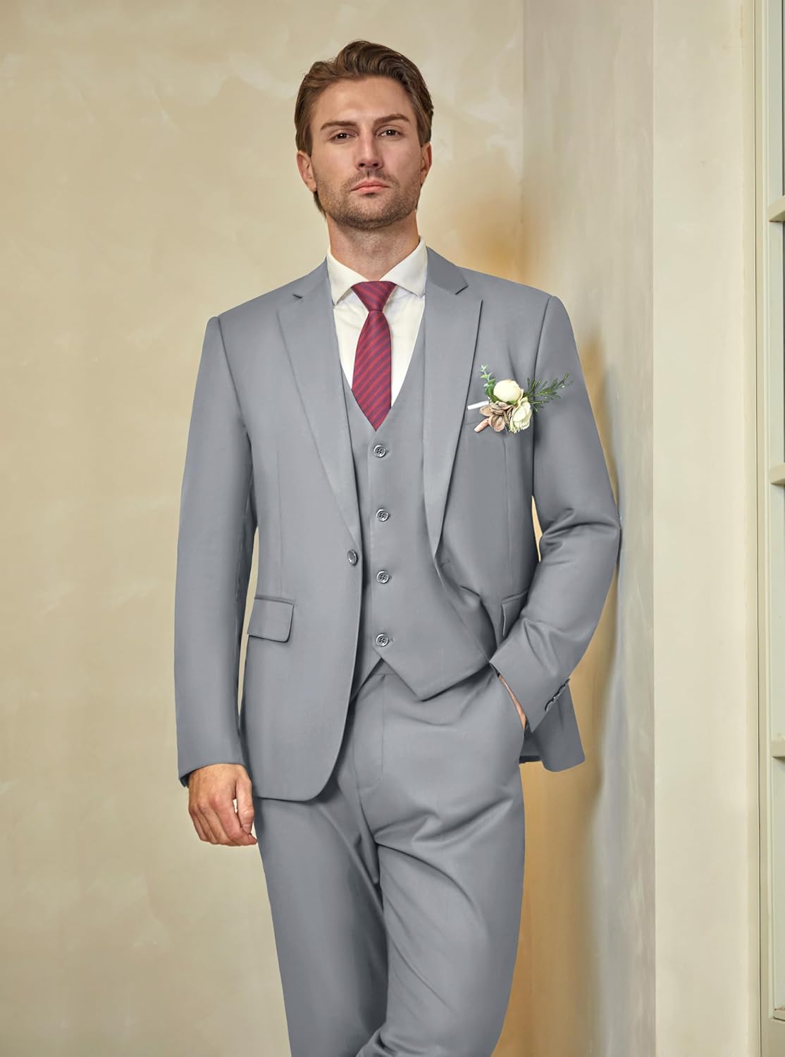 WULFUL Men’s Slim Fit Suit One Button 3-Piece Blazer Dress Business Wedding... - Picture 62 of 257