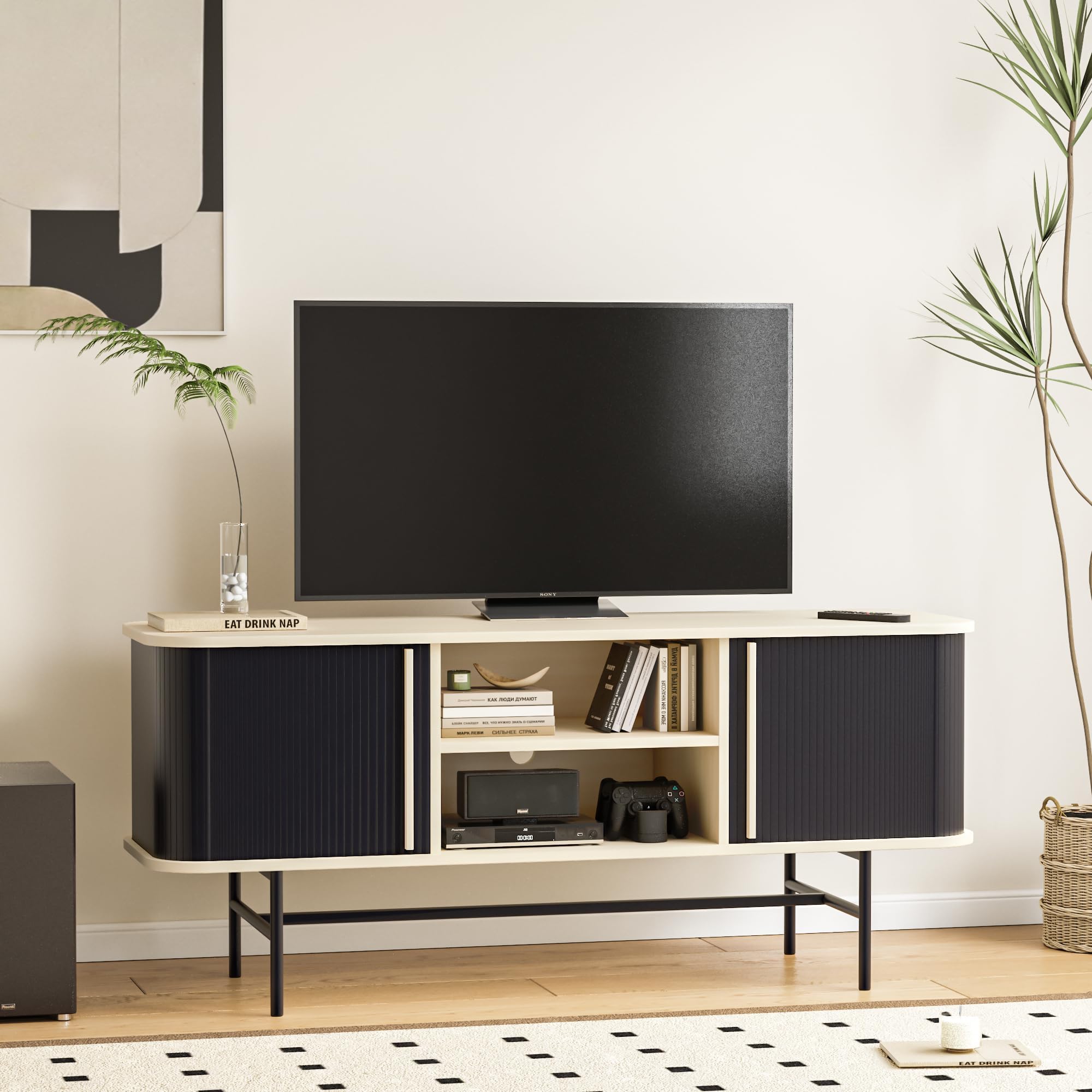 Roomfitters Mid Century Modern TV Stand with Tambour Door for TVs up to 65", Sideboard Buffet Tambour Cabinet with Sliding Door, Entertainment Center for Living Room, Media Console with Storage, Black