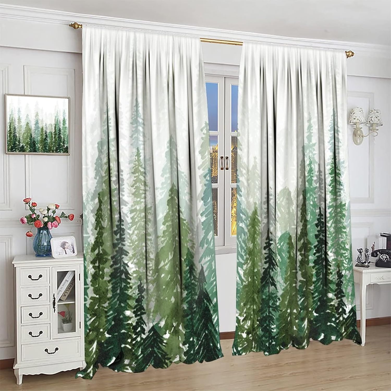 Green Forest Tree Curtain, Pine Coniferou Trees Forest Watercolor Design Room Darkening Door Window Rod Pocket Curtain for Bedroom Living Room 42x45in
