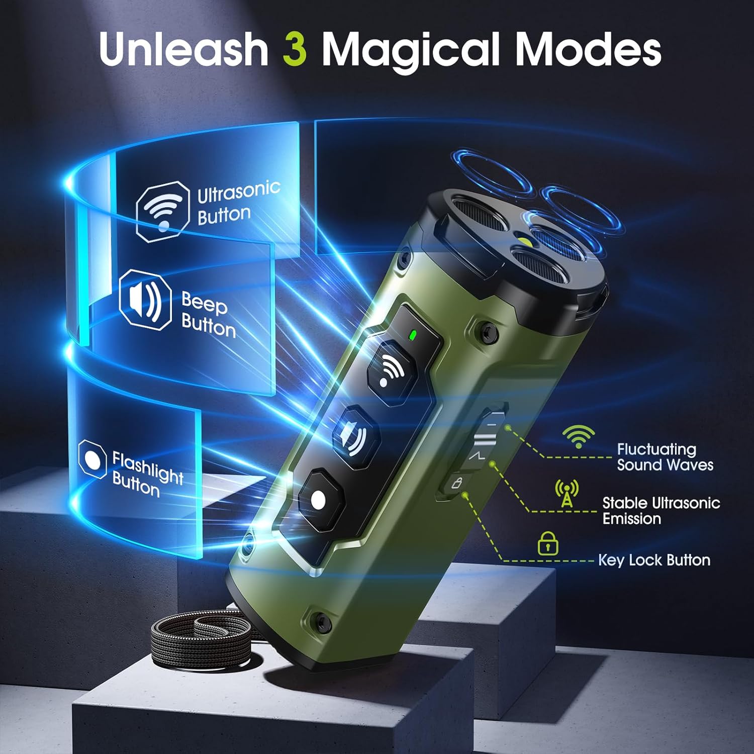 1-Touch Dog Bark Deterrent Devices with 3 Sonic Heads,Portable 50ft Range Anti Barking Device for Dogs,Rechargeable & Safe Dog Training Tool with Flashlight,Helps Improve Dog's Behavior Green