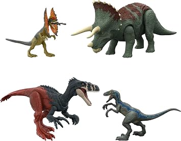 Jurassic World Dominion Survival Instincts Dinosaur Toys, set of 4 Action Figures, Blue, Dilophosaurus and Roar Strikers Megaraptor and Pteranodon Figures