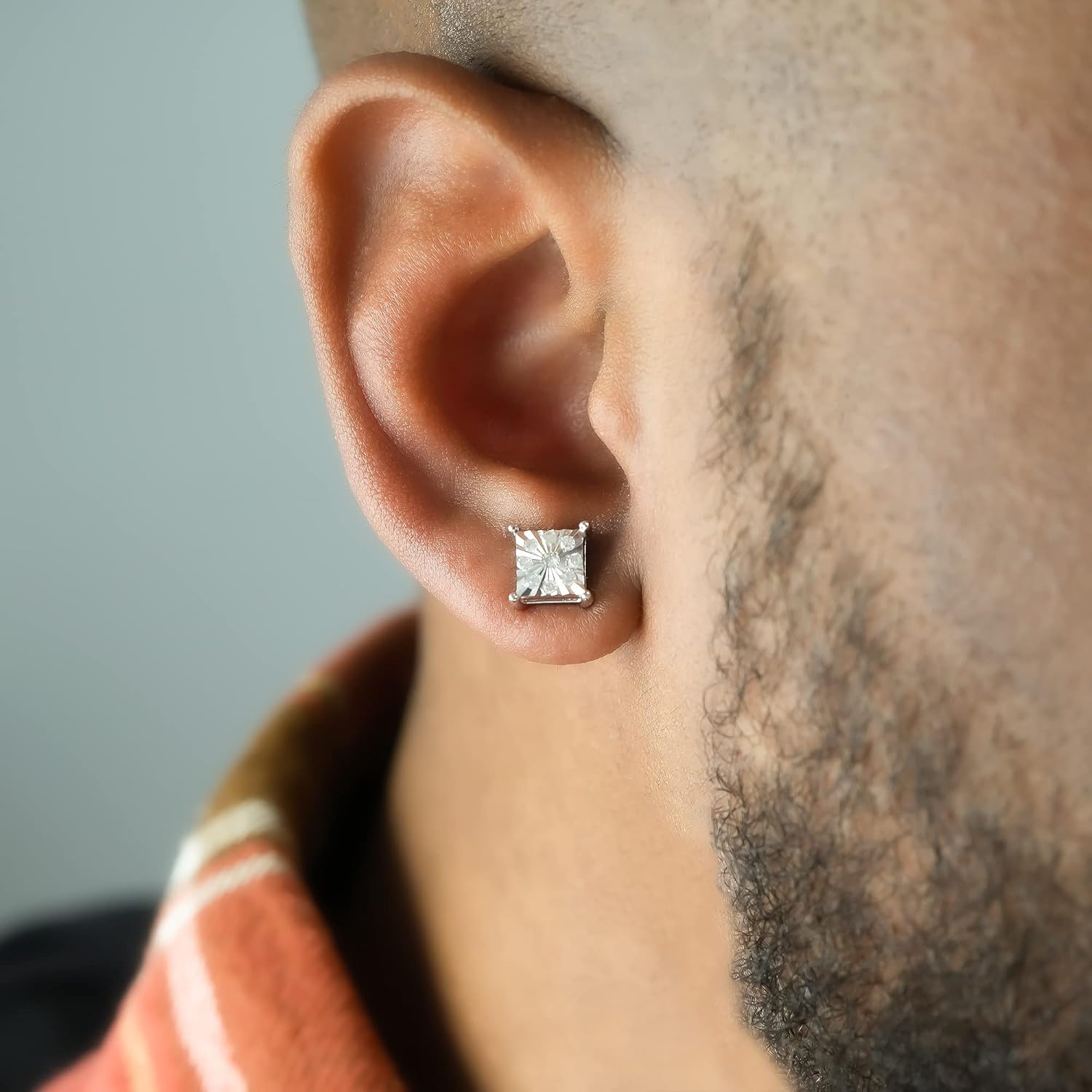 Timeless Love Diamond Cluster Miracle Plate Stud Earrings for Men Set in Yellow Gold over Sterling Silver or Sterling Silver, 0.32"X0.31" Earrings with 1/4 CTTW Round Diamond, Men’s Jewelry Gifts