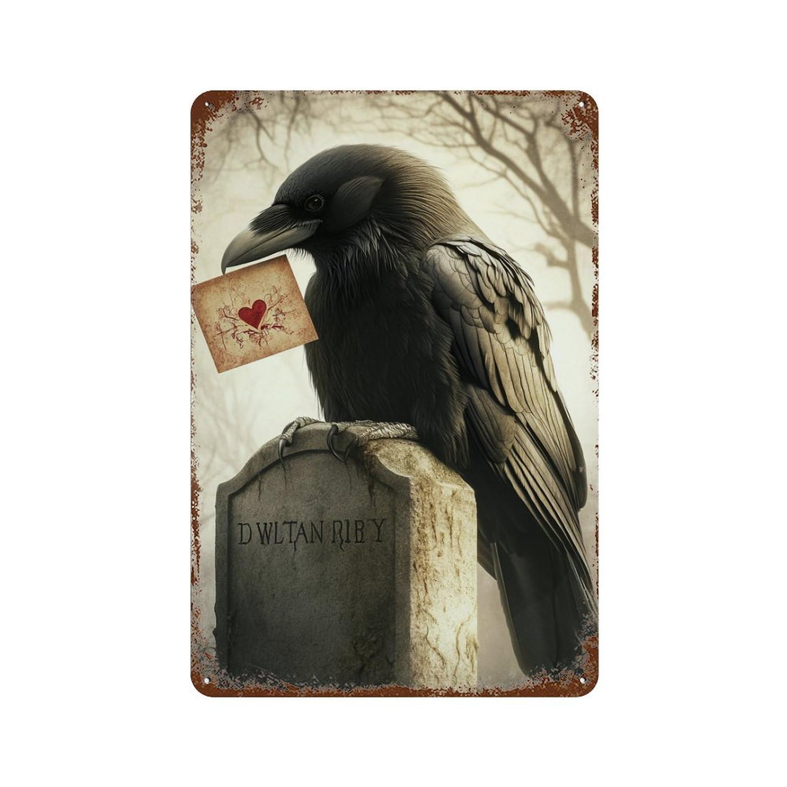 Raven with Heart Note on Tombstone Rusty Metal Tin Sign 11.8"x7.9", for Shed, Workshop And Garage Wall Decor, Novelty Wall Decor