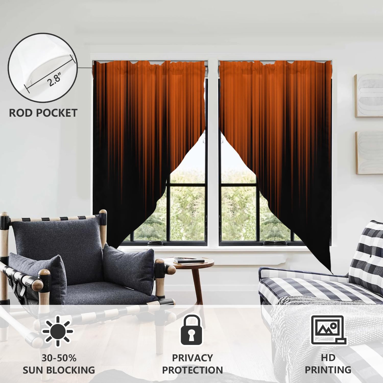 AAtter Orange Black Kitchen Swag Curtains, 2 Panels 28" W x 36" L, Ombre image 3