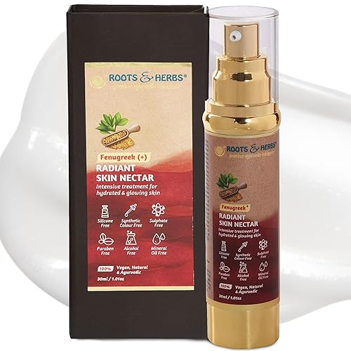 ROOTS AND HERBS Tratamiento natural de néctar ayurvédico para la piel, 100% para piel hidratada y brillante, suero alimenticio vegano de fenogreco