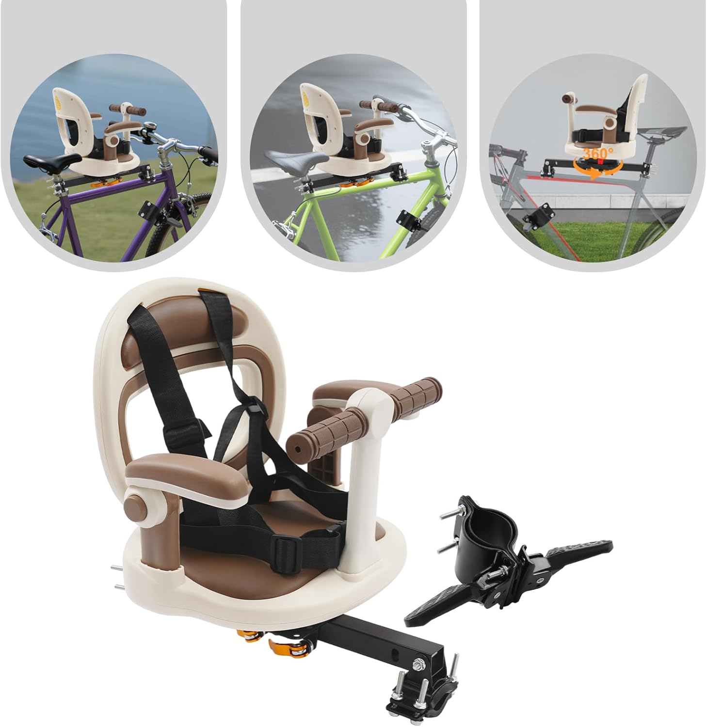 Front Bike Child Seat - Lightweight Kids Seat w/ 5-Point Safety Belt & Quick-Release Mount, for City Bikes & Trail Rides, 88lbs Capacity, Ages 2-6 (Light White)