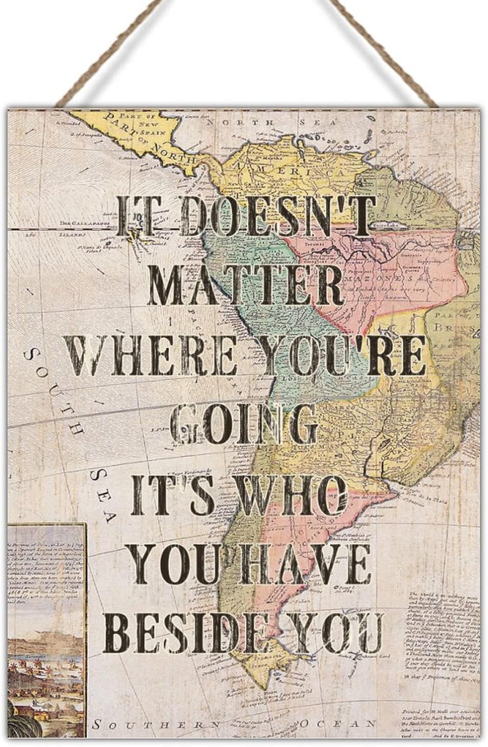Vintage Map Wood Wall Art Sign It Doesn't Matter Where You're Going Wall Decor Wood Sign Vintage North America Map Travel Wood Art Plaques for Home Office Bar Wall Art Decor 18x24in